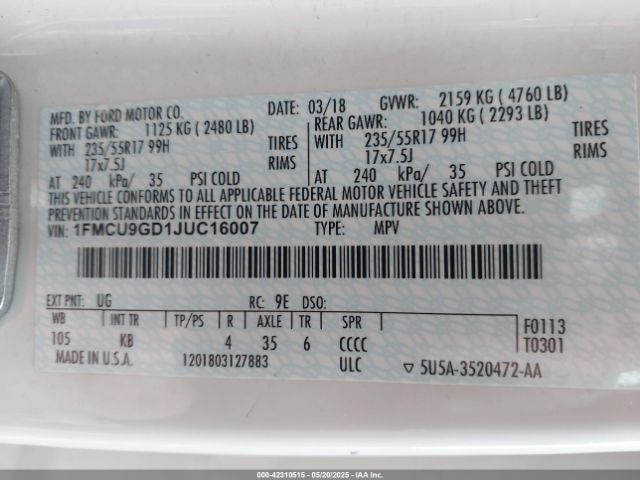 2018 FORD ESCAPE 1FMCU9GD1JUC16007 Photo 8