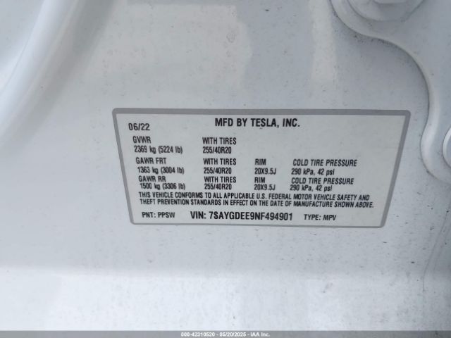 7SAYGDEE9NF494901 Tesla Model Y Long Range Dual Motor All-wheel Drive