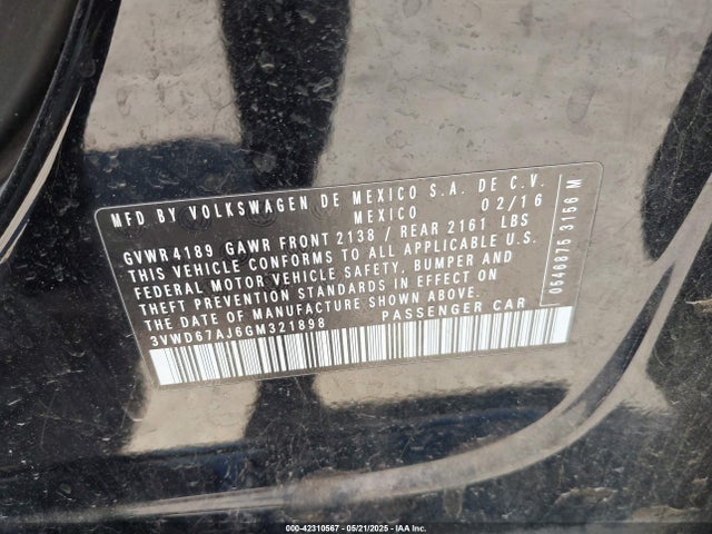 3VWD67AJ6GM321898 Volkswagen 2016