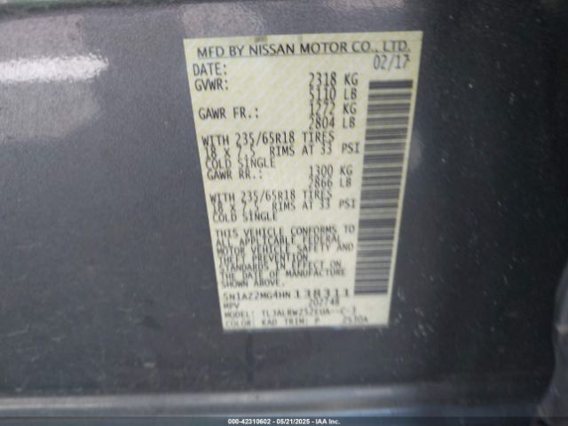 5N1AZ2MG4HN138311 Nissan MURANO SL