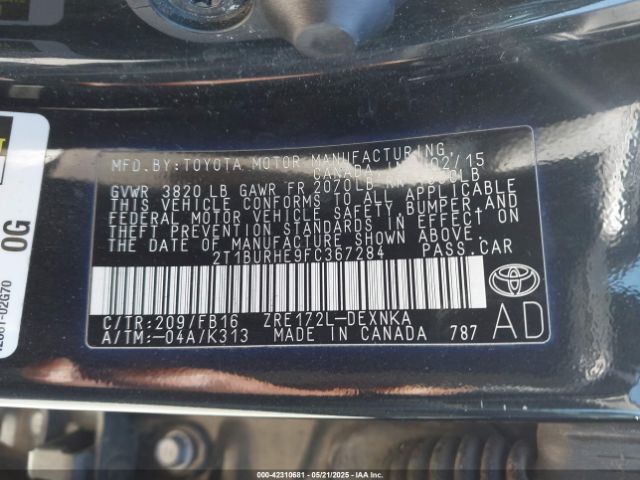 2T1BURHE9FC367284 Toyota COROLLA LE