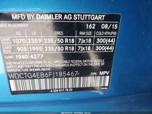 WDCTG4EB6FJ185467 Mercedes-Benz GLA 250