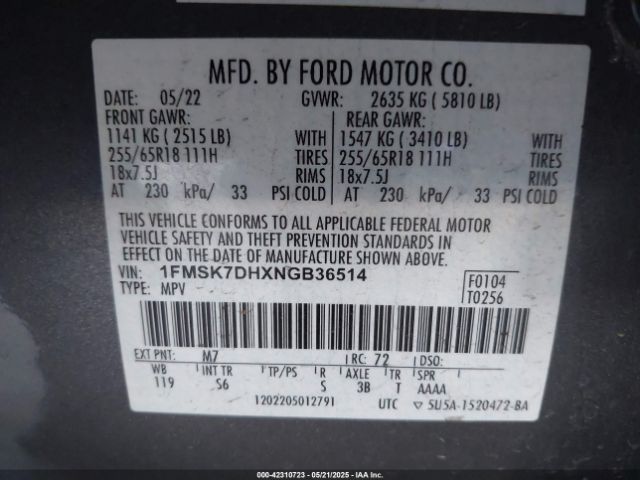 1FMSK7DHXNGB36514 Ford EXPLORER XLT