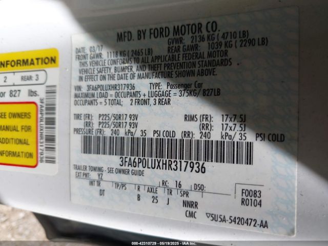 2017 FORD FUSION HYBRID 3FA6P0LUXHR317936 Photo 8