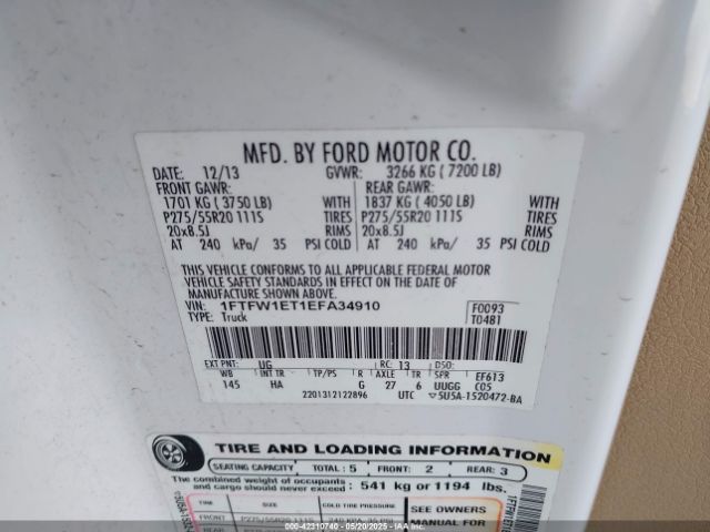 1FTFW1ET1EFA34910 Ford F-150 Lariat