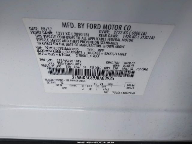 2FMGK5C89JBA03935 Ford FLEX SEL