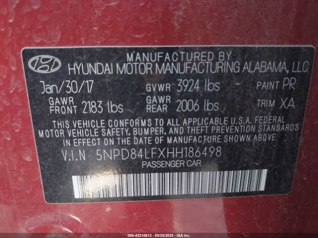 5NPD84LFXHH186498 Hyundai Elantra Value Edition