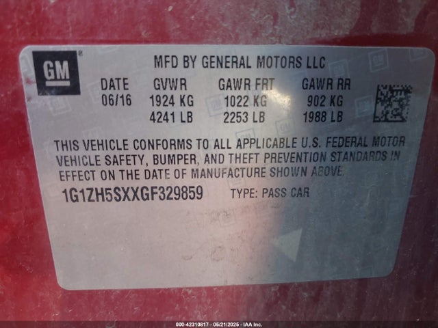 1G1ZH5SXXGF329859 Chevrolet ltg - sidi, alum dohc, vvt, dcvcp turbo, e0-e100, alum