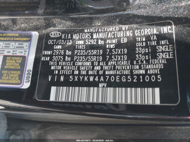 5XYKW4A70EG521005 KIA Sorento Limited V6