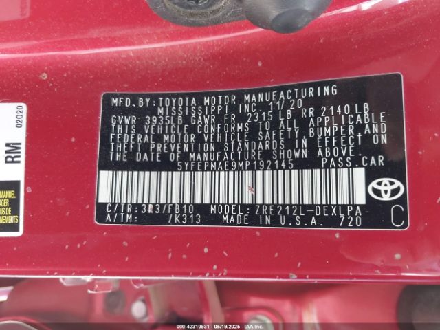 5YFEPMAE9MP192145 Toyota COROLLA LE