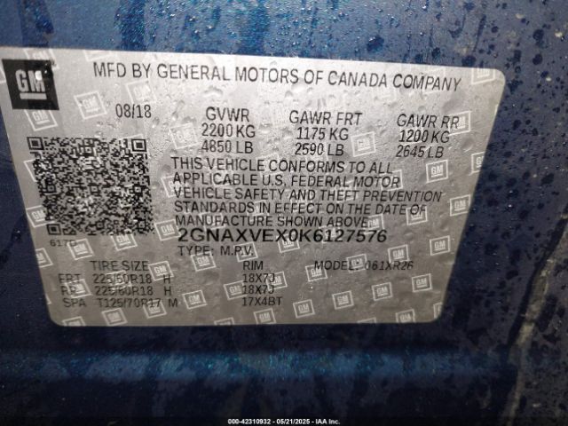 2GNAXVEX0K6127576 Chevrolet EQUINOX LT