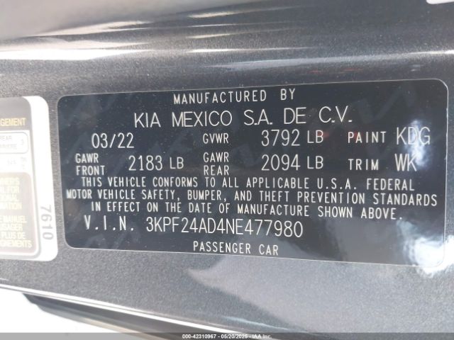 3KPF24AD4NE477980 KIA Forte Lxs