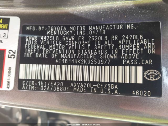 4T1B11HK2KU250977 Toyota CAMRY SE