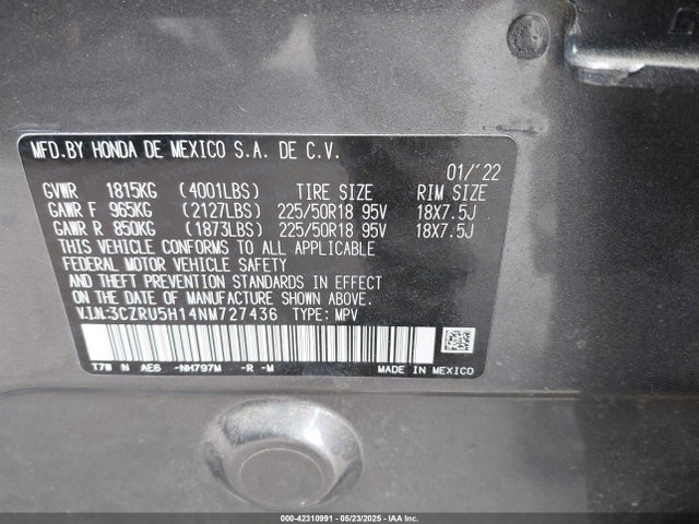 3CZRU5H14NM727436 Honda r18z9