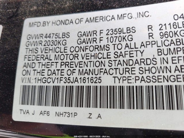 1HGCV1F35JA161625 Honda l15be