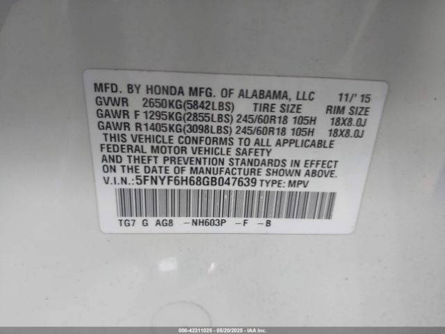 5FNYF6H68GB047639 Honda Pilot Ex-l