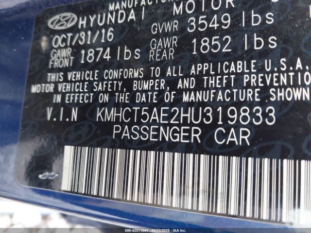 KMHCT5AE2HU319833 Hyundai ACCENT SE