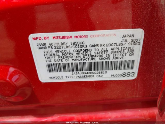 2008 MITSUBISHI LANCER JA3AU86U38U026810 Photo 8