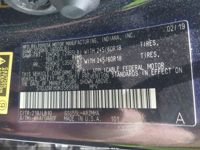 5TDJZRFH0KS585898 Toyota Highlander Xle