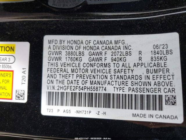 2HGFE2F54PH558774 Honda Civic Sport