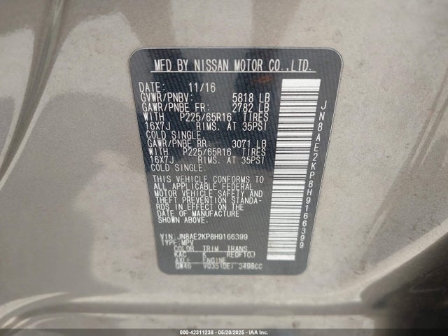 Nissan Quest Sv 2017 JN8AE2KP8H9166399 Image 9