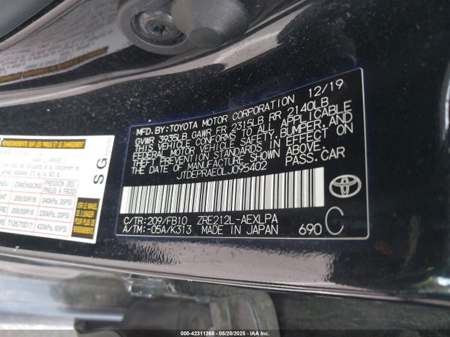 JTDEPRAE0LJ095402 Toyota 2zr-fae