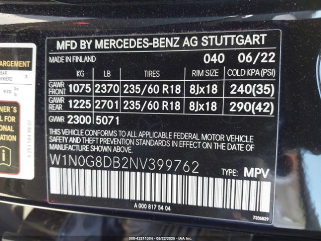 W1N0G8DB2NV399762 Mercedes-Benz m274