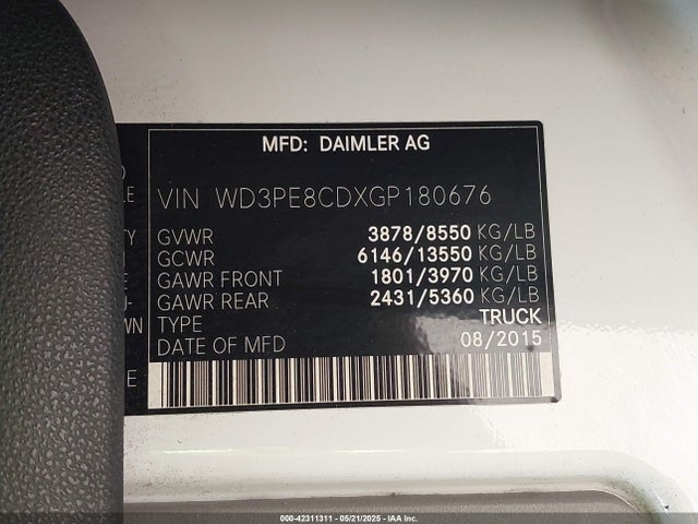 42311311 :رقم المزاد ، WD3PE8CDXGP180676 vin ، 2016 Mercedes-benz Sprinter 2500 High  Roof/high Roof مزاد بيع