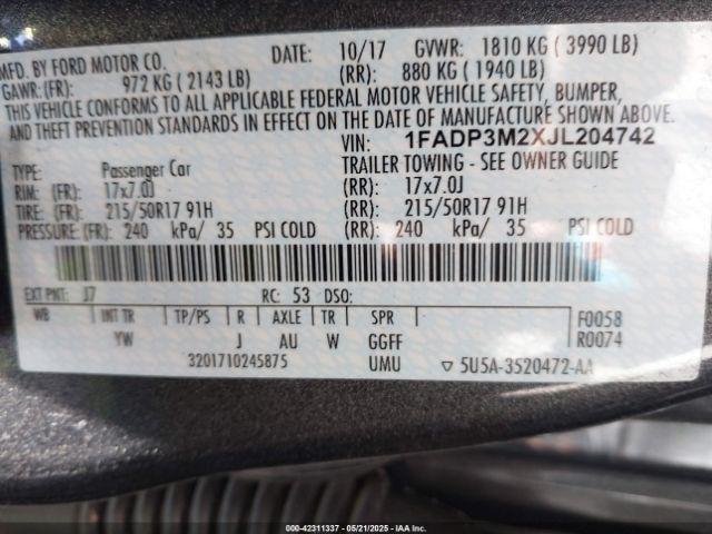 1FADP3M2XJL204742 Ford FOCUS SEL