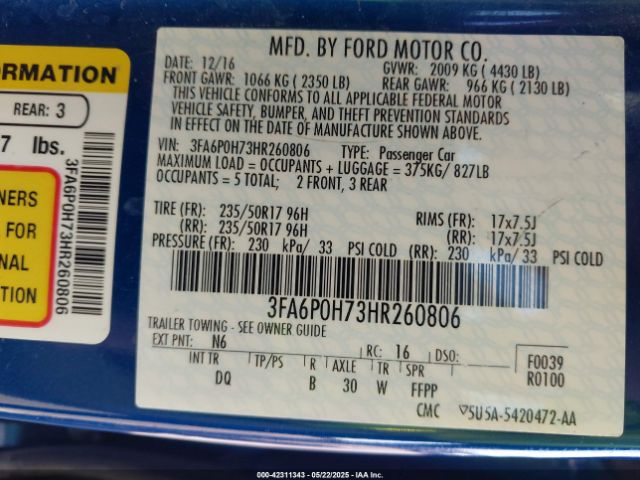 3FA6P0H73HR260806 Ford FUSION SE