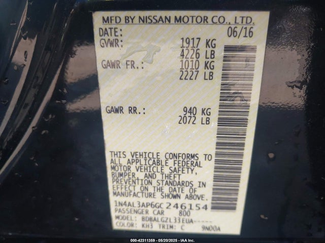 1N4AL3AP6GC246154 Nissan Altima 2.5/2.5 S/2.5 Sl/2.5 Sr/2.5 Sv