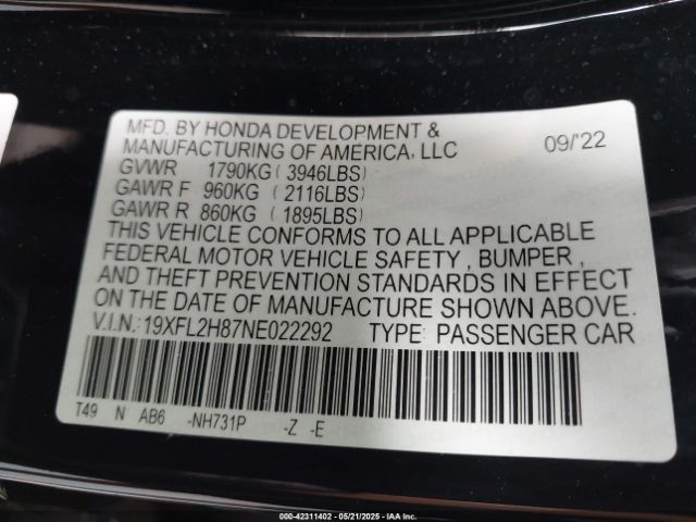 2022 HONDA CIVIC 19XFL2H87NE022292 Photo 8