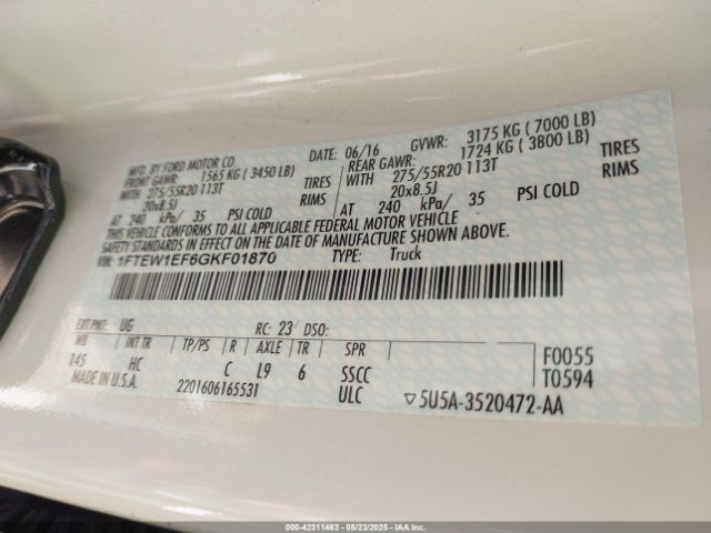 1FTEW1EF6GKF01870 Ford F-150 Lariat