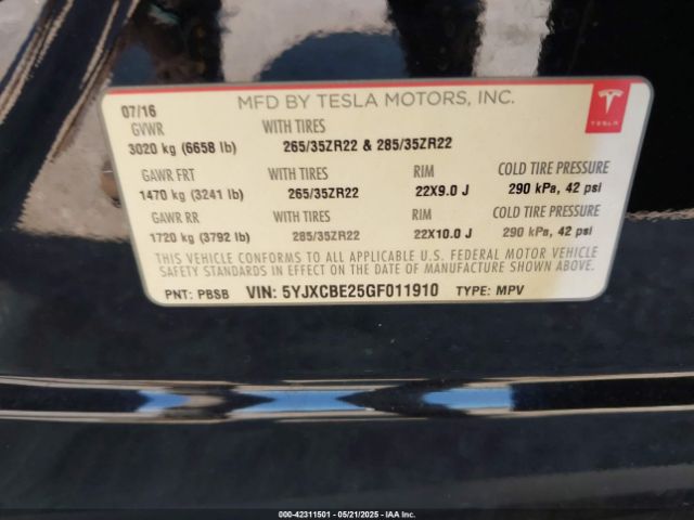5YJXCBE25GF011910 Tesla Model X 60d/70d/75d/90d/p100d