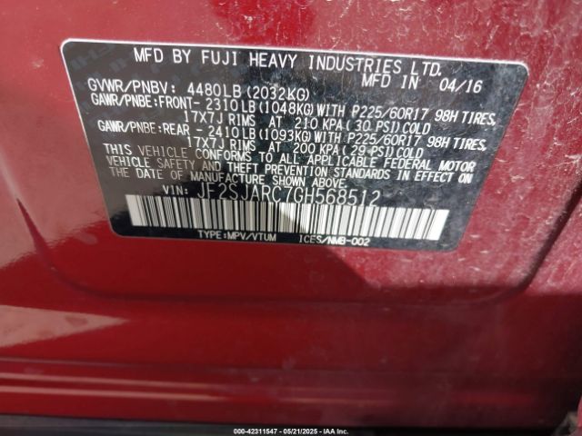 JF2SJARC7GH568512 Subaru naturally aspirated u5