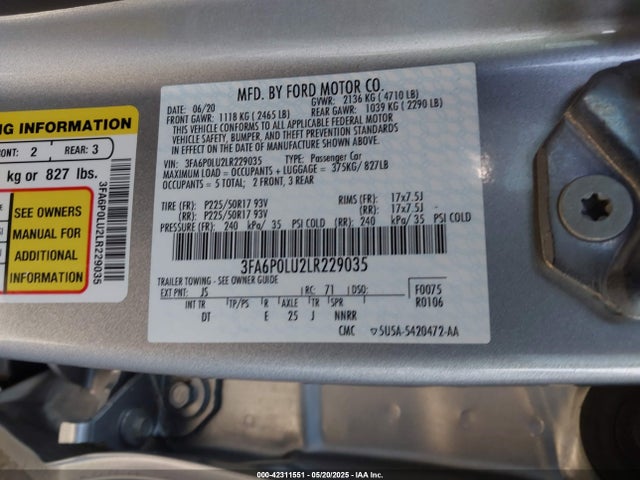 Ford Fusion Hybrid Se 2020 3FA6P0LU2LR229035 Image 9