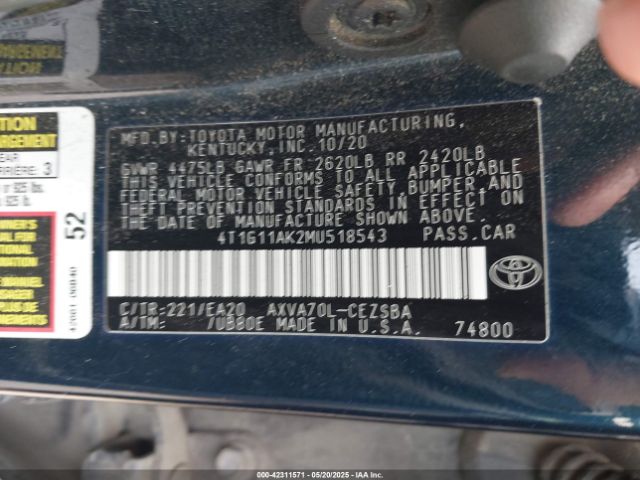 2021 TOYOTA CAMRY 4T1G11AK2MU518543 Photo 8