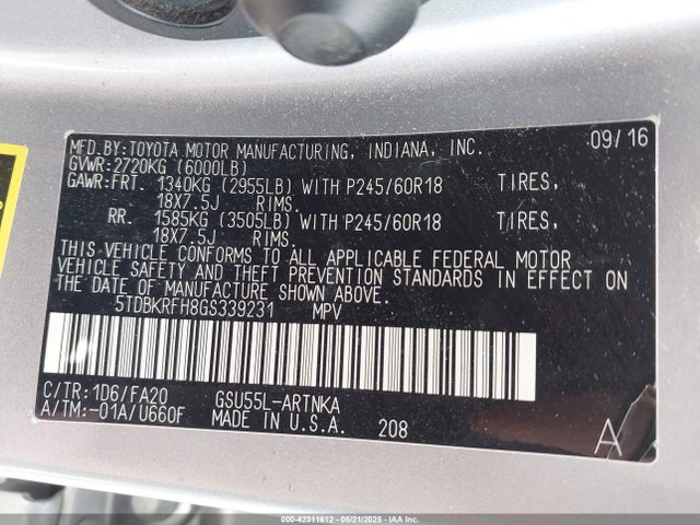 5TDBKRFH8GS339231 Toyota 2gr-fe