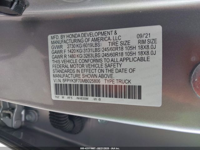 2021 HONDA RIDGELINE 5FPYK3F70MB025806 Photo 8