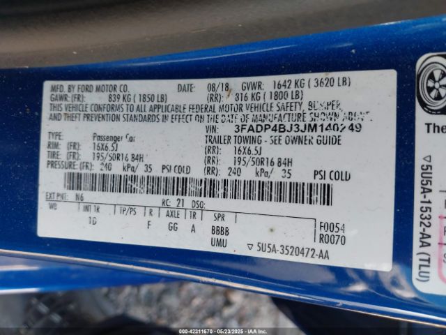 3FADP4BJ3JM140249 Ford FIESTA SE