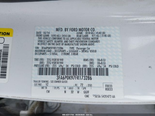 3FA6P0K97FR173286 Ford Fusion Titanium