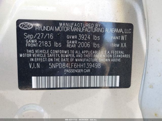 5NPD84LF6HH139498 Hyundai Elantra Value Edition