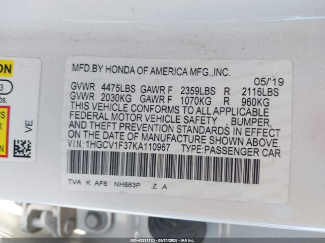 1HGCV1F37KA110967 Honda Accord Sport