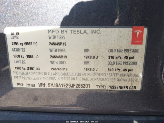 2018 TESLA MODEL S 5YJSA1E29JF265301 Photo 8