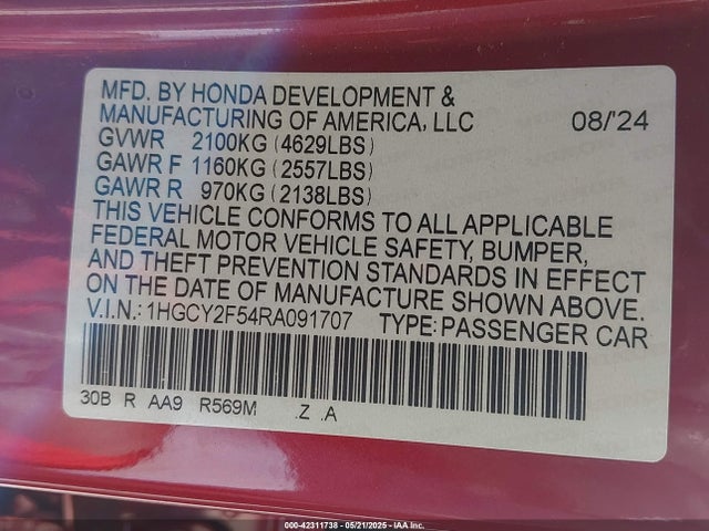 Продажа на аукционе авто 2024 Honda Accord Hybrid Sport, vin: 1HGCY2F54RA091707, номер лота: 42311738