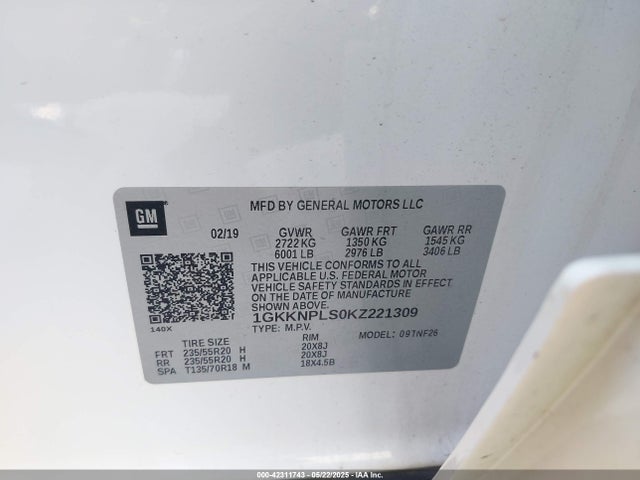 1GKKNPLS0KZ221309 GMC lgx - direct injection, variable valve timing, alum, gen 2