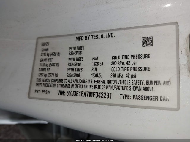 2021 TESLA MODEL 3 5YJ3E1EA7MF042291 Photo 8