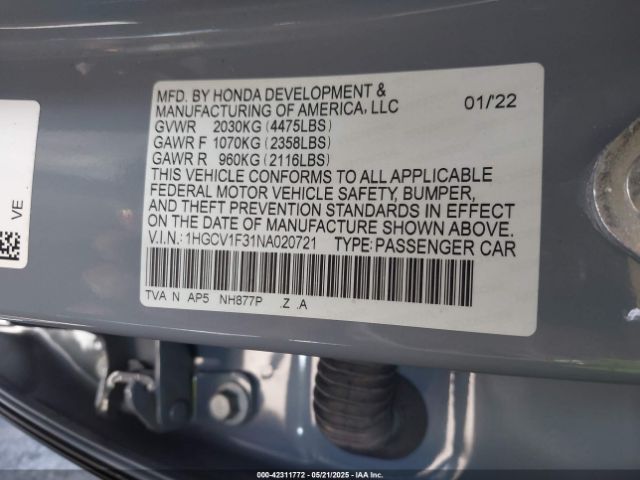2022 HONDA ACCORD 1HGCV1F31NA020721 Photo 8
