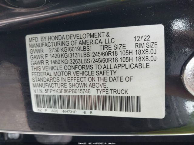 5FPYK3F86PB015746 Honda Ridgeline Black Edition