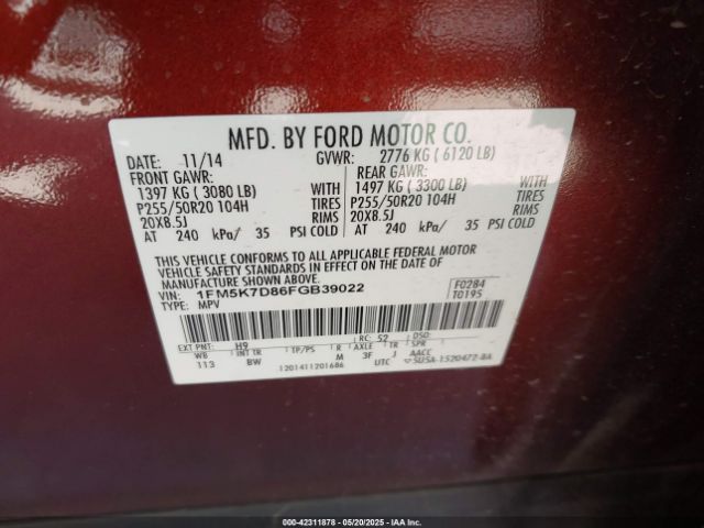 1FM5K7D86FGB39022 Ford EXPLORER XLT